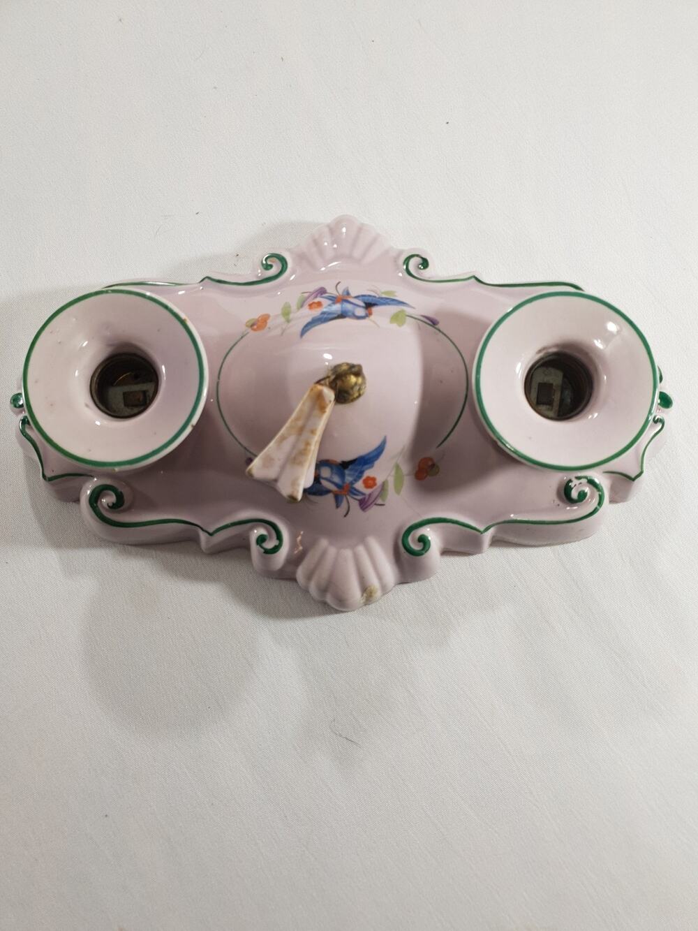 Antique Art Deco Porcelain 2 Light Sconce Pink Bluebird VTG Fixture No Chips